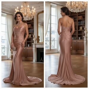 Cinderella Divine 6 Feminine Romantic Rose Gold Satin Mermaid Formal Maxi Dress